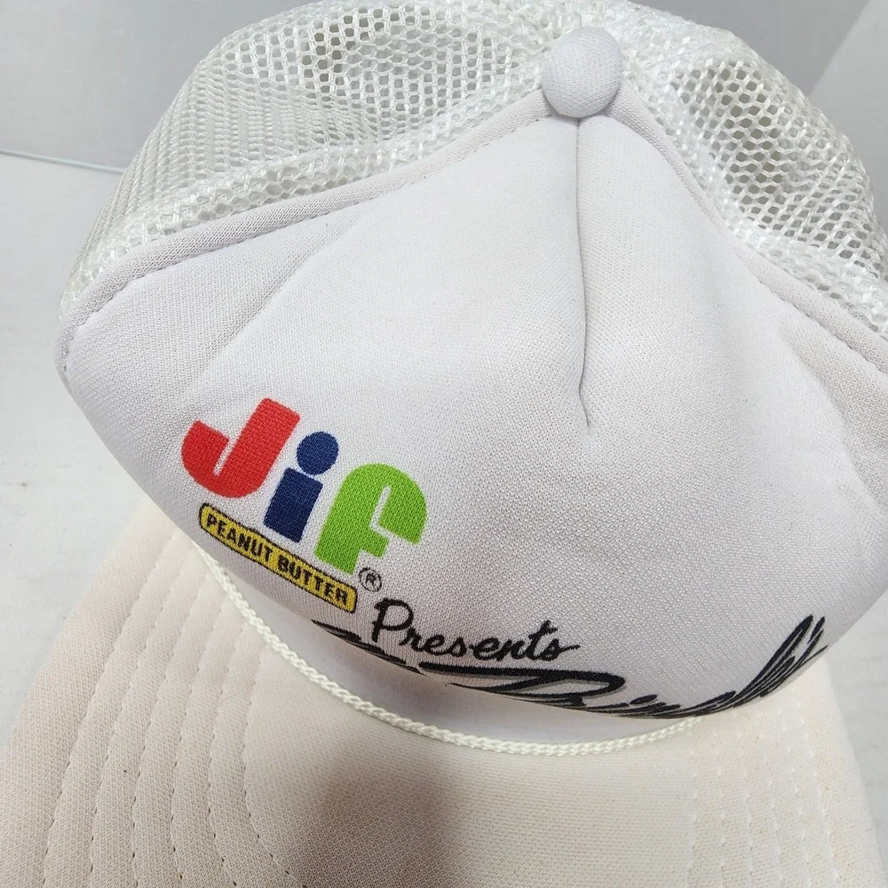 VTG Jif Peanut Butter Presents Mr Pringle's Cap Trucker Snapback Hat White Mesh